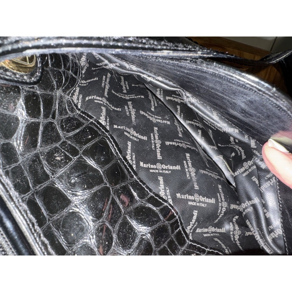 Marino Orlandi Black Patent Croc Embossed Leather Satchel Handbag Made in Italy - Picture 13 of 16
